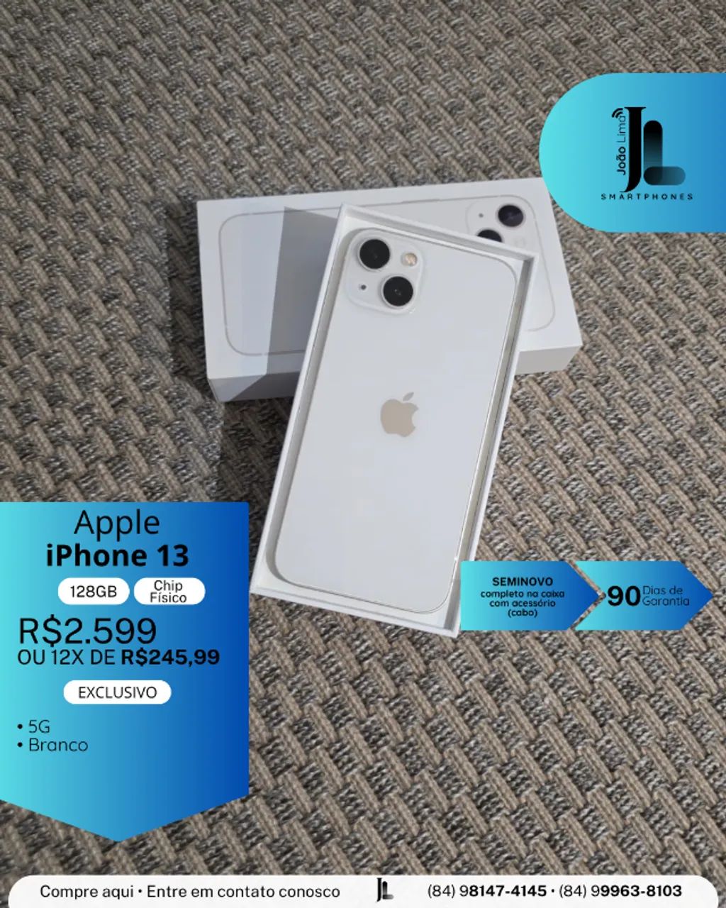 IPHONE 13, 128GB, BRANCO, CHIP FÍSICO, SEMINOVO NA CAIXA