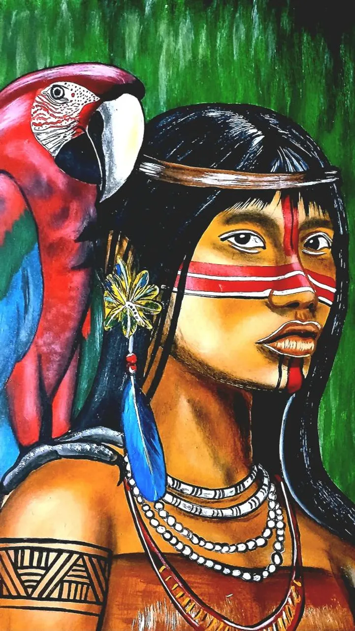 Quadro Decorativo - Mulher indígena com Arara