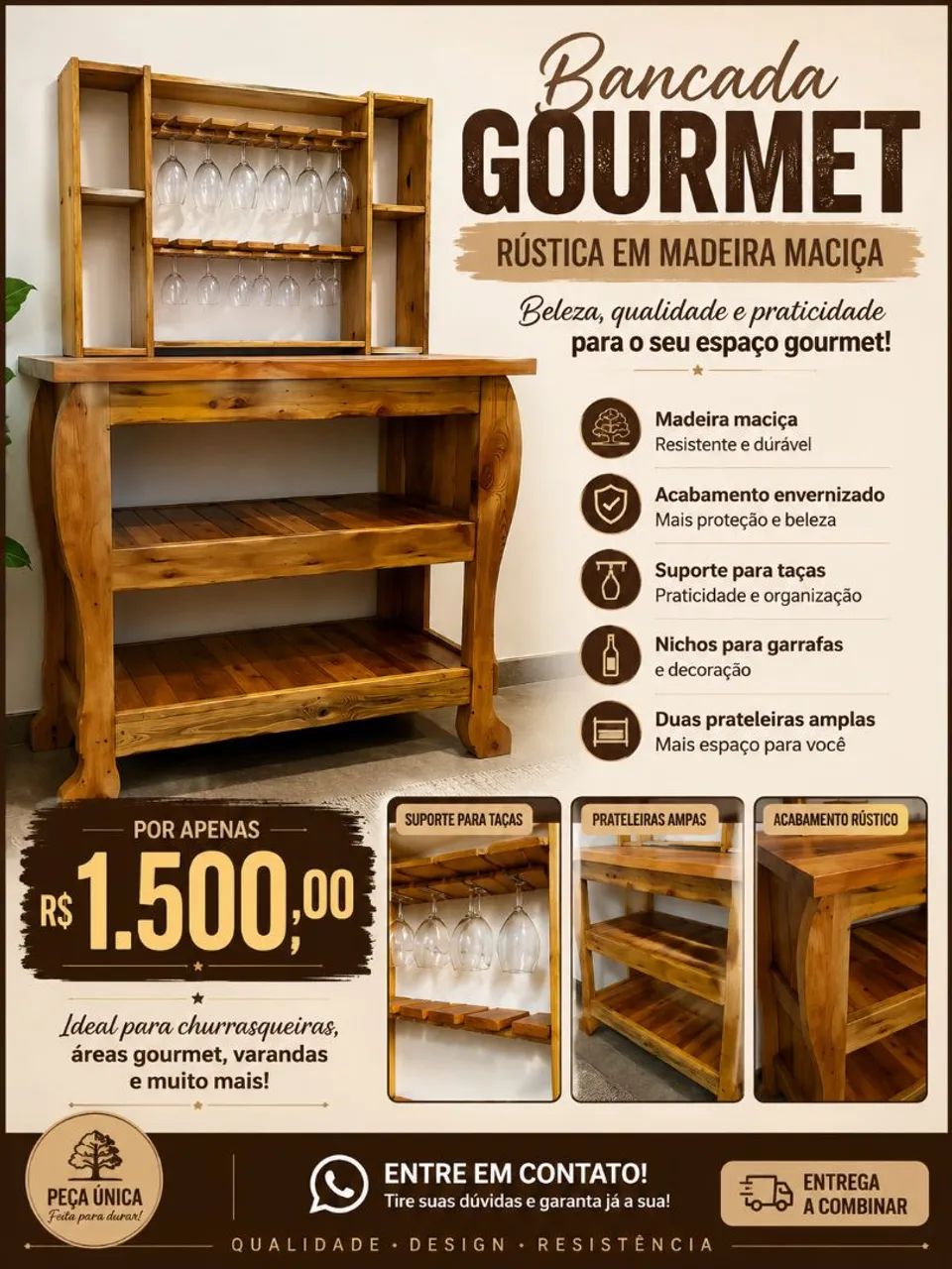 Bancada gourmet de madeira maciça 