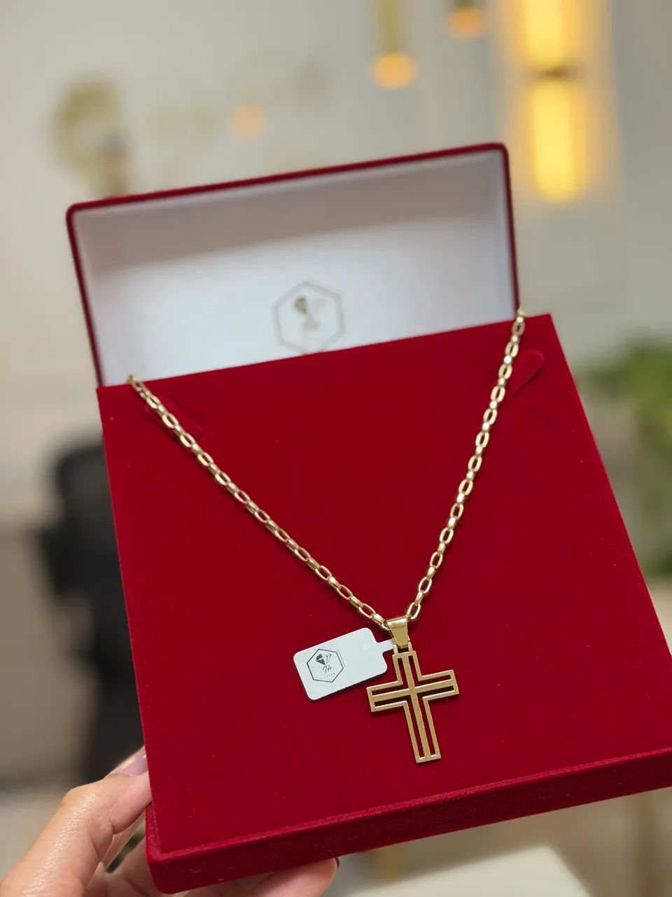 Corrente Tijolinho com Pingente Cruz Ouro 18K