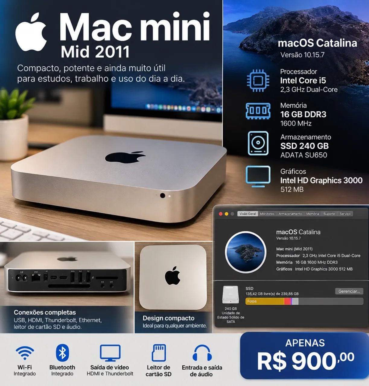 Mac Mini Apple i5 2.3GHz 16GB RAM SSD 240GB