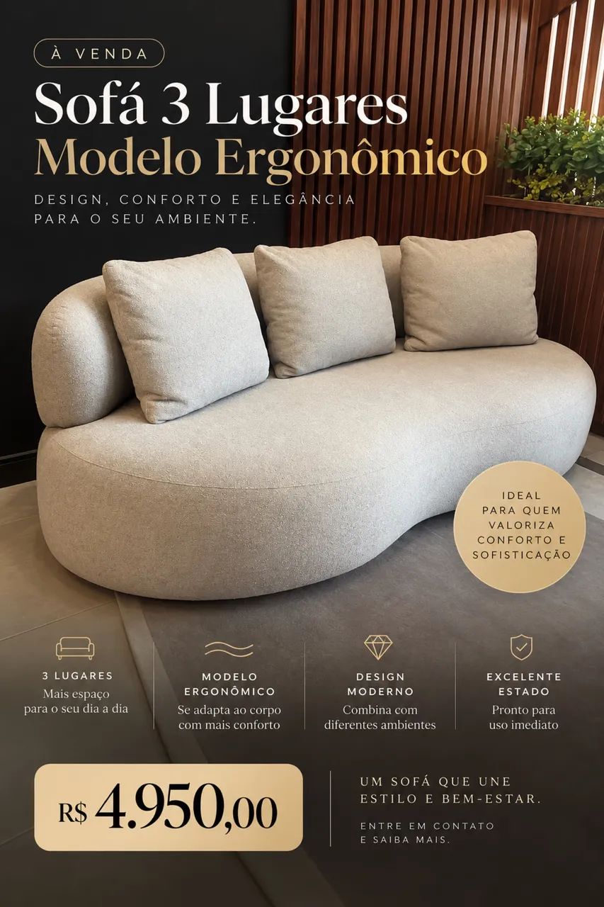 Sofá 3 Lugares Ergonômico Curvo - Design Moderno e Sofisticado 