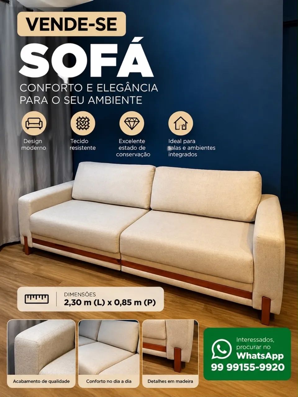 Sofá de linho - Sofá 2,30 m - moderno, confortável e bem conservado - Foto 4