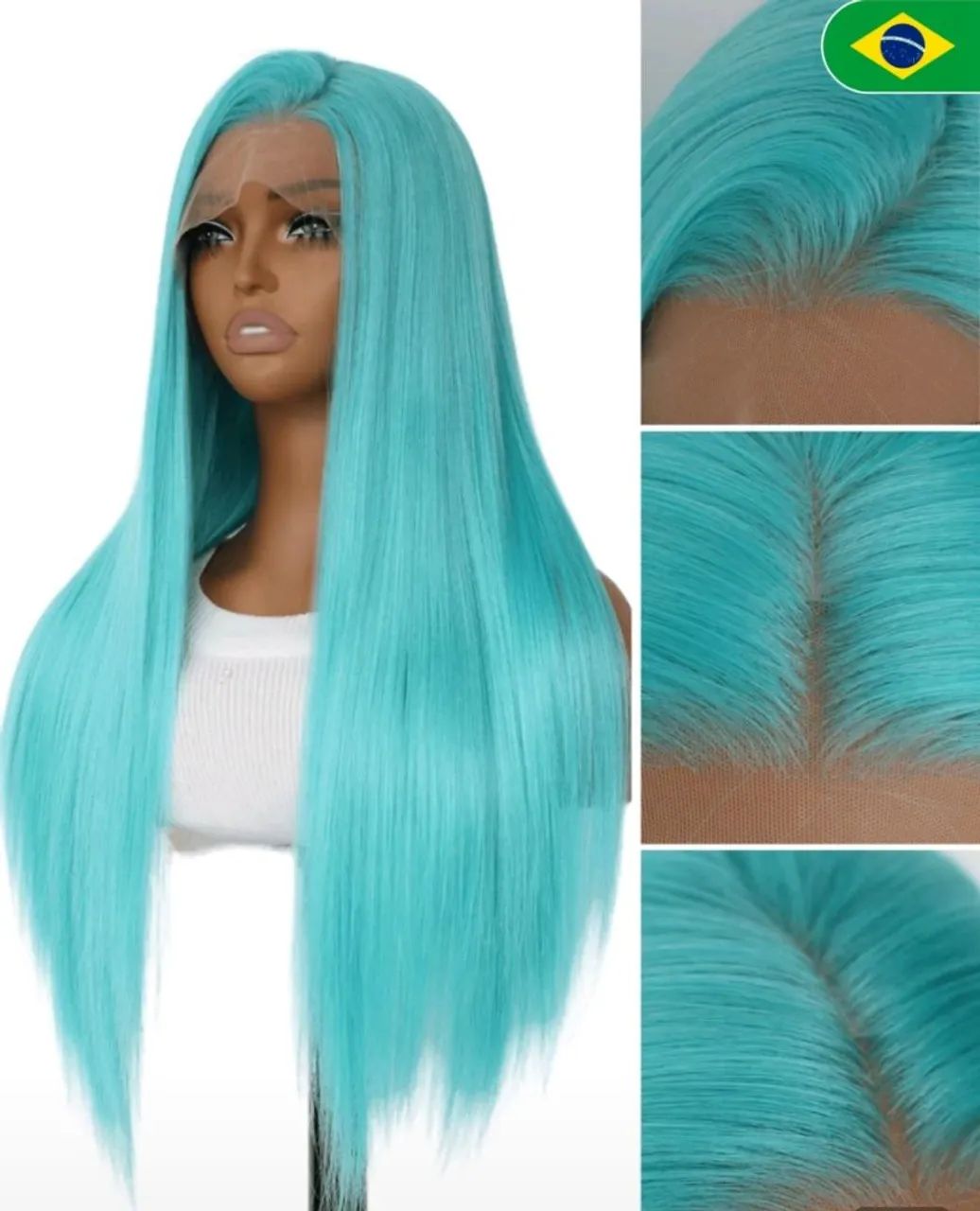 SALLYWELL Peruca de renda frontal sintética azul menta de 24 polegadas, cabelo liso - Foto 2