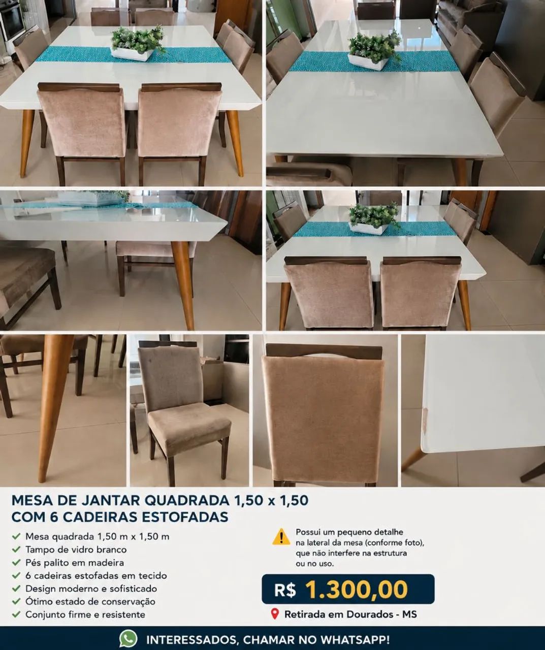 Meda quadrada branca com 6 cadeiras 