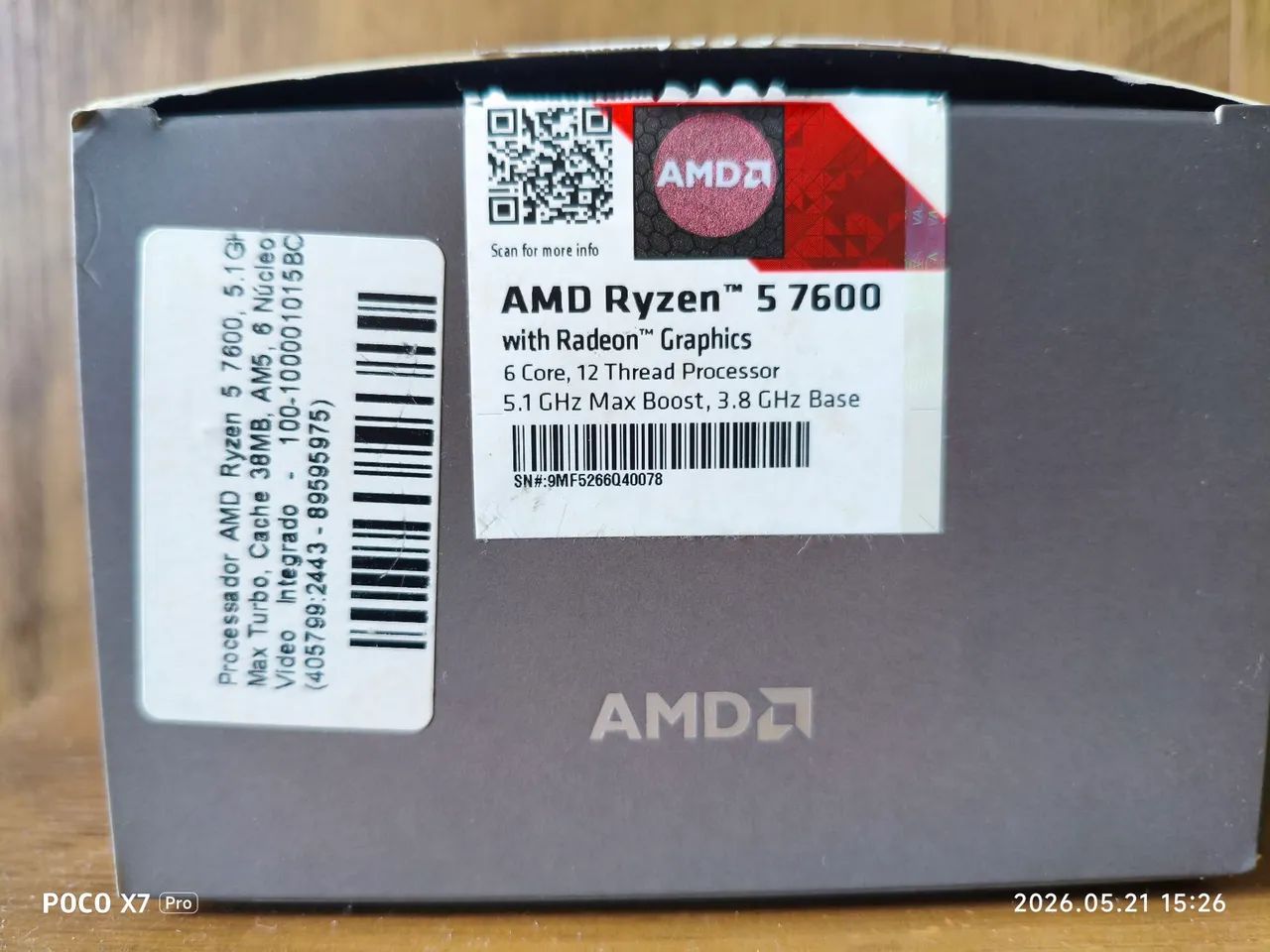 【中古美品】AMD Ryzen 5 7600 Processador AMD RYZEN 5 7600, 5.1 GHz Max turbo , cache 38MB,AM5