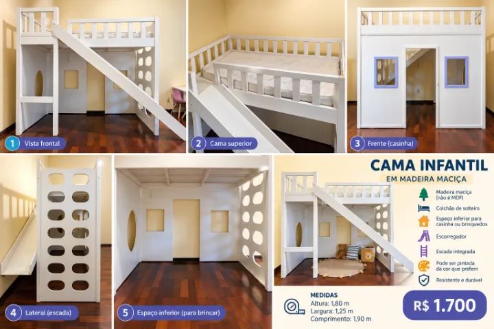Cama infantil em madeira maciça - Muito resistente!