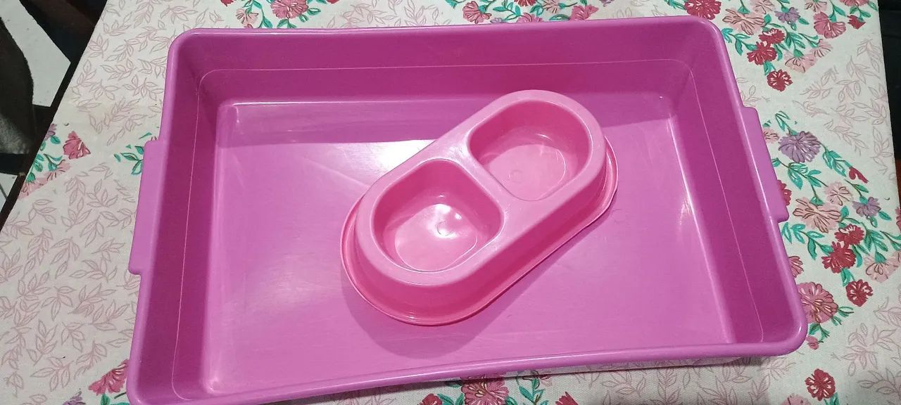 Caixa de areia e prato pra ração e água de gato 