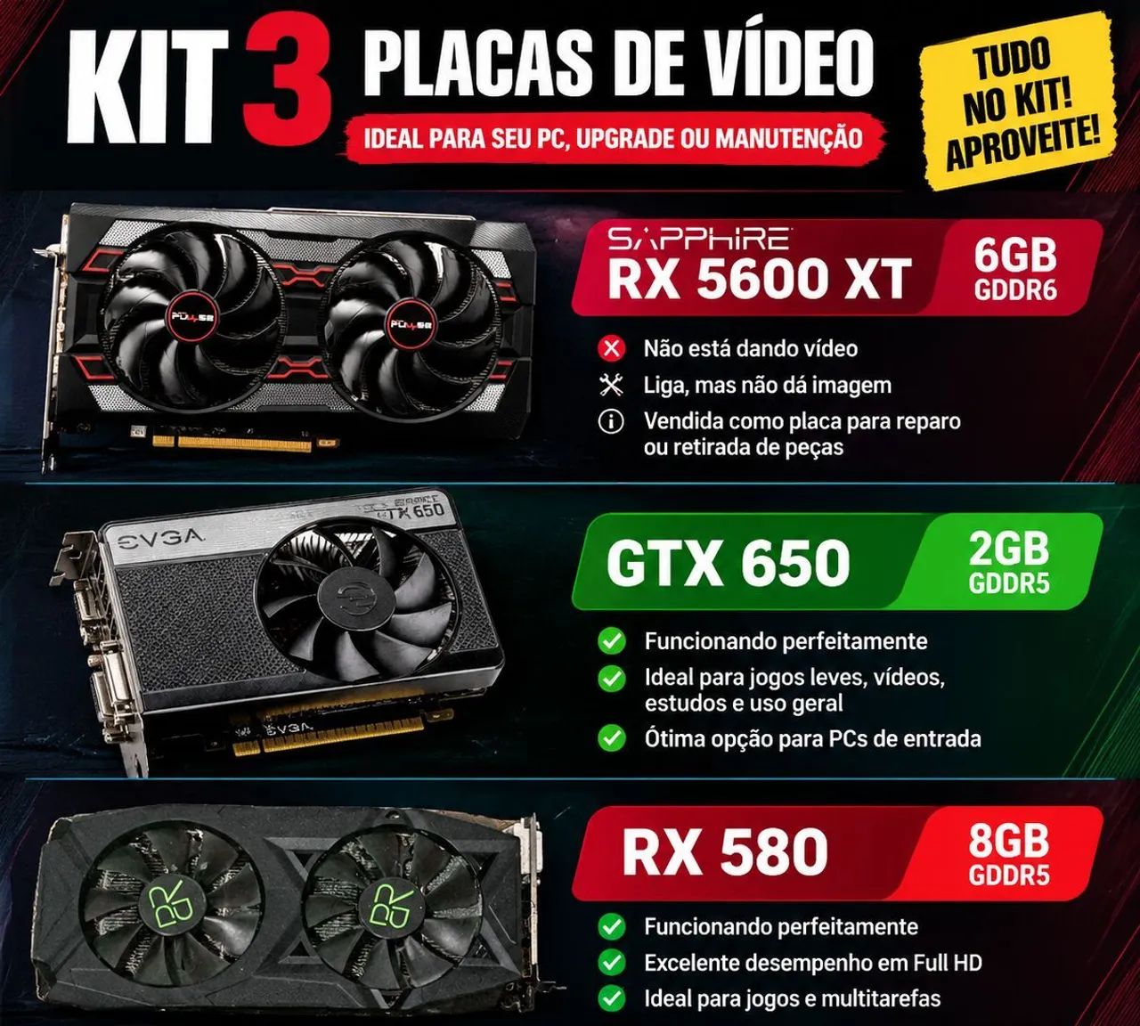 Kit com 3 placas de vídeo 