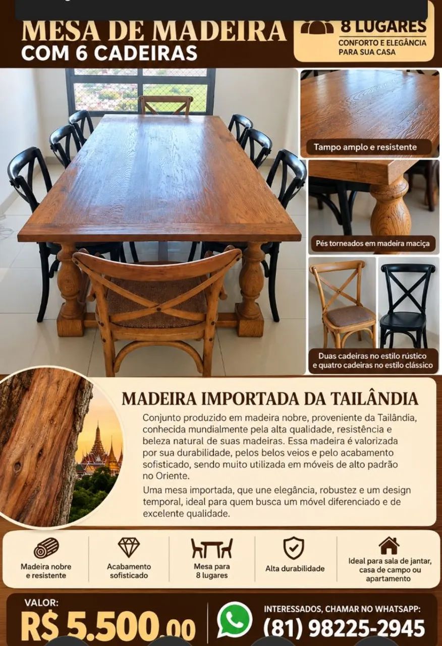 Conjunto de mesa com oito cadeiras 