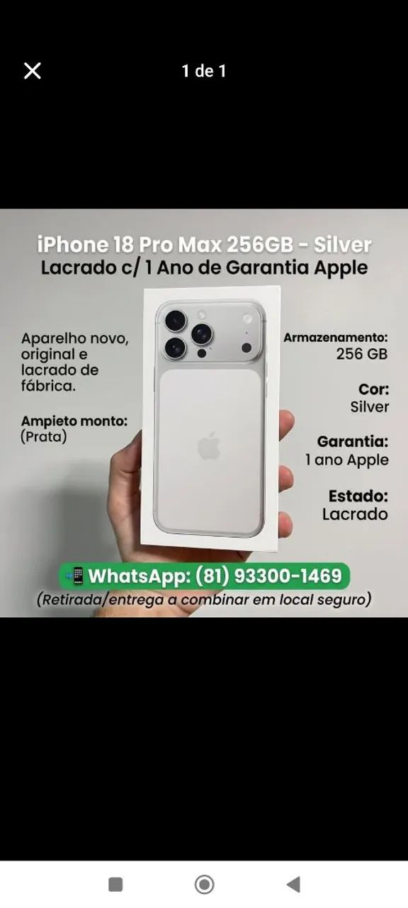 iPhone 18 Pro Max 256GB - Silver  - Lacrado c/ 1 Ano de Garantia Apple