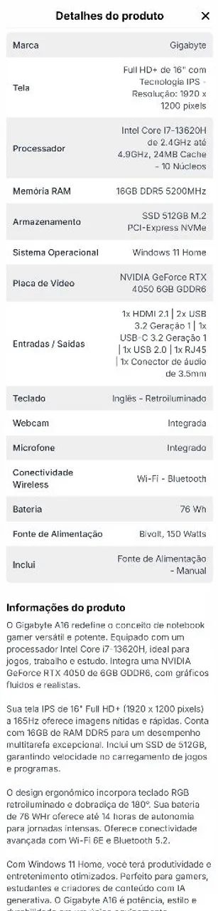 Notebook Gigabyte Intel Core i7 2.4GHz / Memória 16GB / SSD 512GB  RTX 4050 6GB - Foto 4