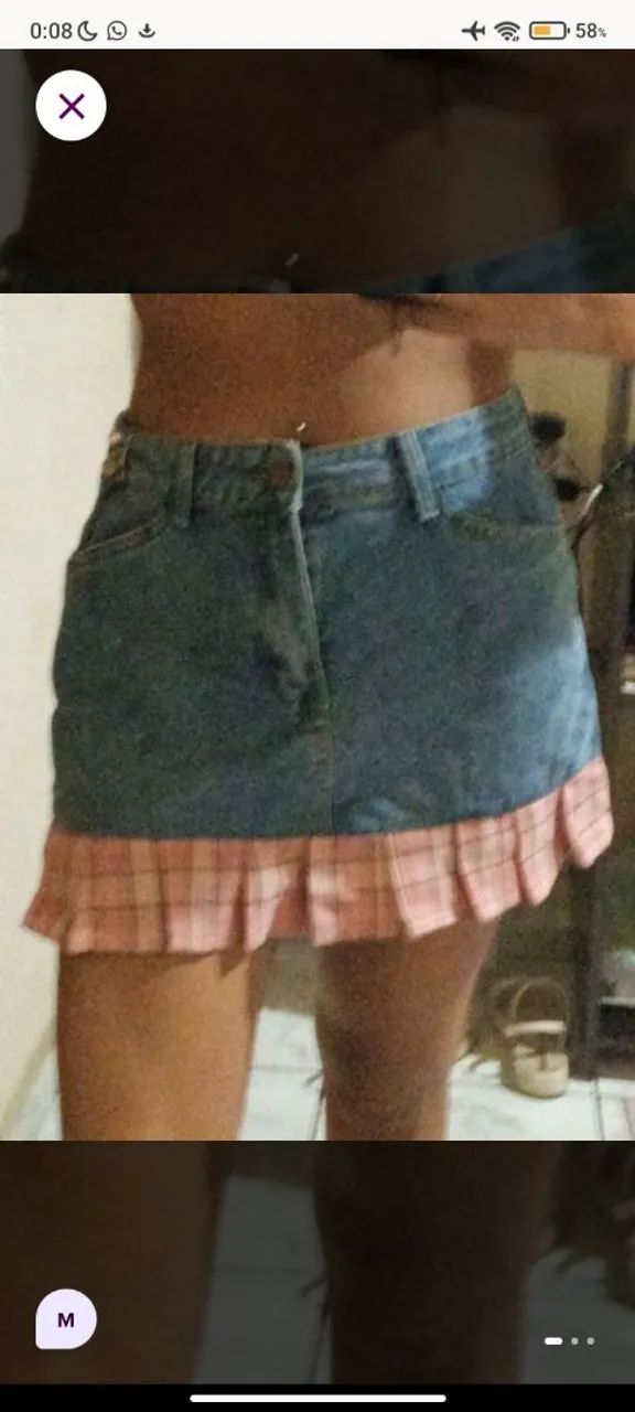 saia jeans com barrinha xadrez rosa m