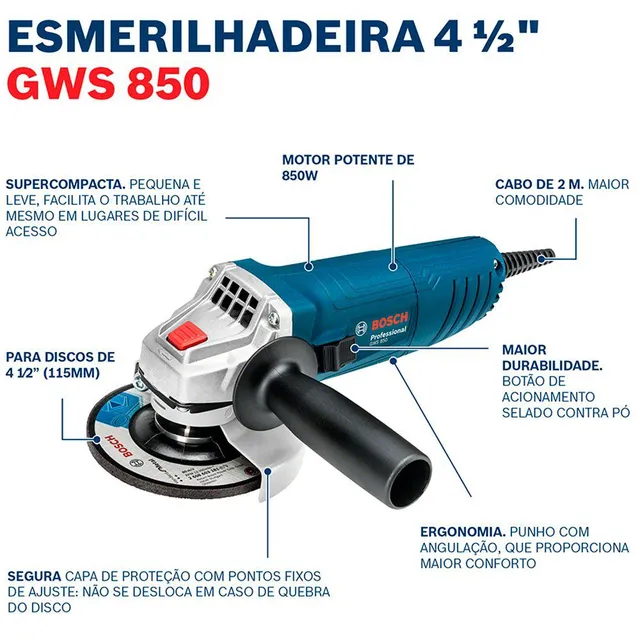 Esmerilhadeira Angular GWS-850 4.1/2 Pol. 850W - BOSCH