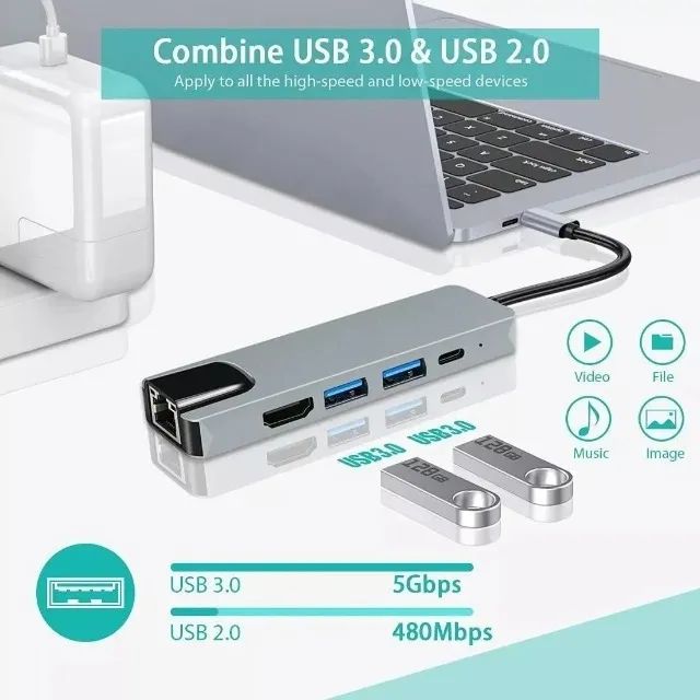 Adaptador Hub Tipo-c 5 Em 1 / Hdmi, 2x Usb, Lan E Tipo-c - Foto 6