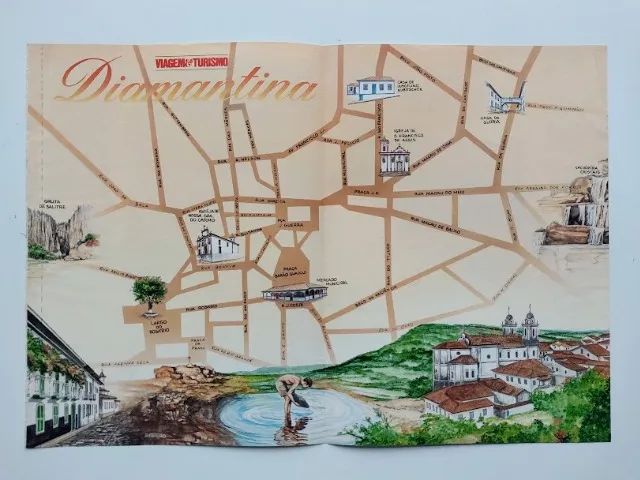 Diamantina - Mapa/pôster antigo de turismo com ilustrações