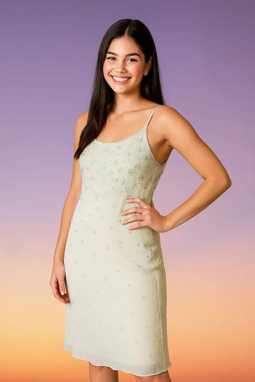 Vestido slip dress vintage em chiffon com forro , bordado com lantejoulas e miçangas