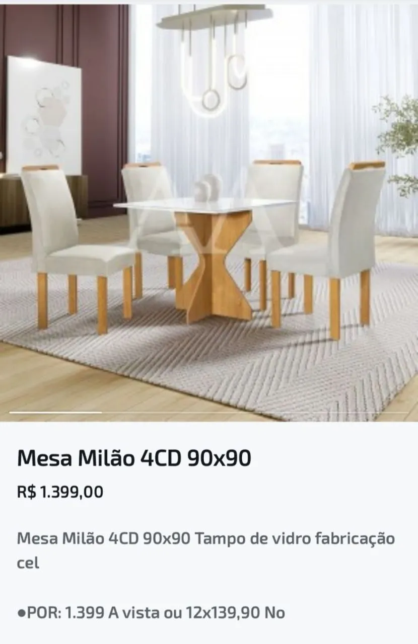 Mesa Milão 4CD 90x90 Tampo de Vidro