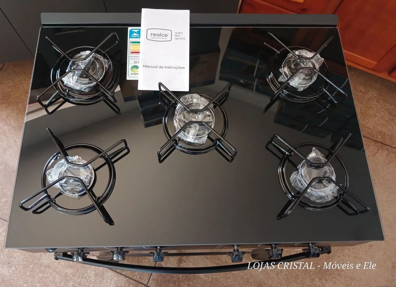 Fogão 5 Bocas Realce Preto com Mesa de Vidro - Novo  - Foto 4