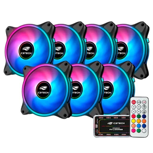 Kit 7 Cooler Fan 120mm C3Tech C110F250 com Controladora e Controle ARGB 3P 5V - WZetta