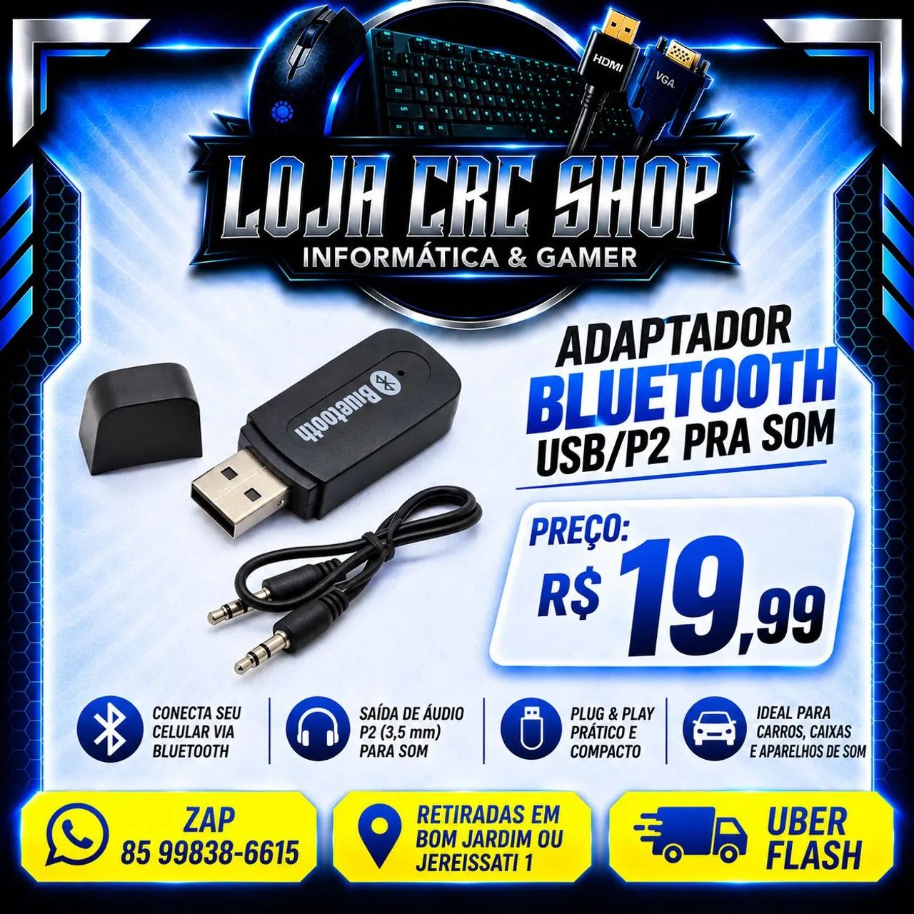 Adaptador Bluetooth Usb/P2 pra Som