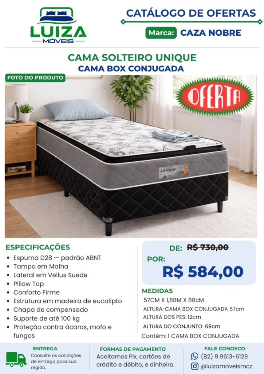 Cama Box Solteiro Conjugada Espuma D28 Unique Caza Nobre Nova