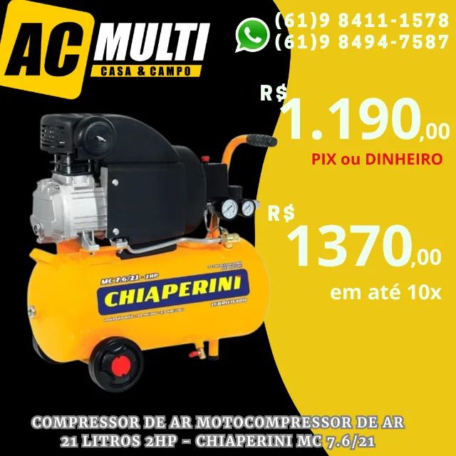 Compressor de Ar Motocompressor de ar 21 litros 2HP - Chiaperini MC 7.6/21