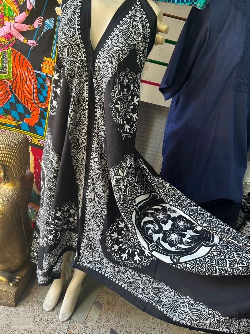 Vestido / Saída de Praia Indiano Preto - Ponta Lenço