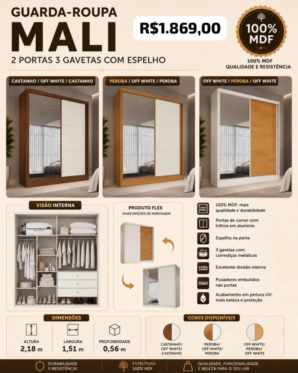 GUARDA-ROUPA MALI 2 PORTAS 3 GAVETAS COM ESPELHO