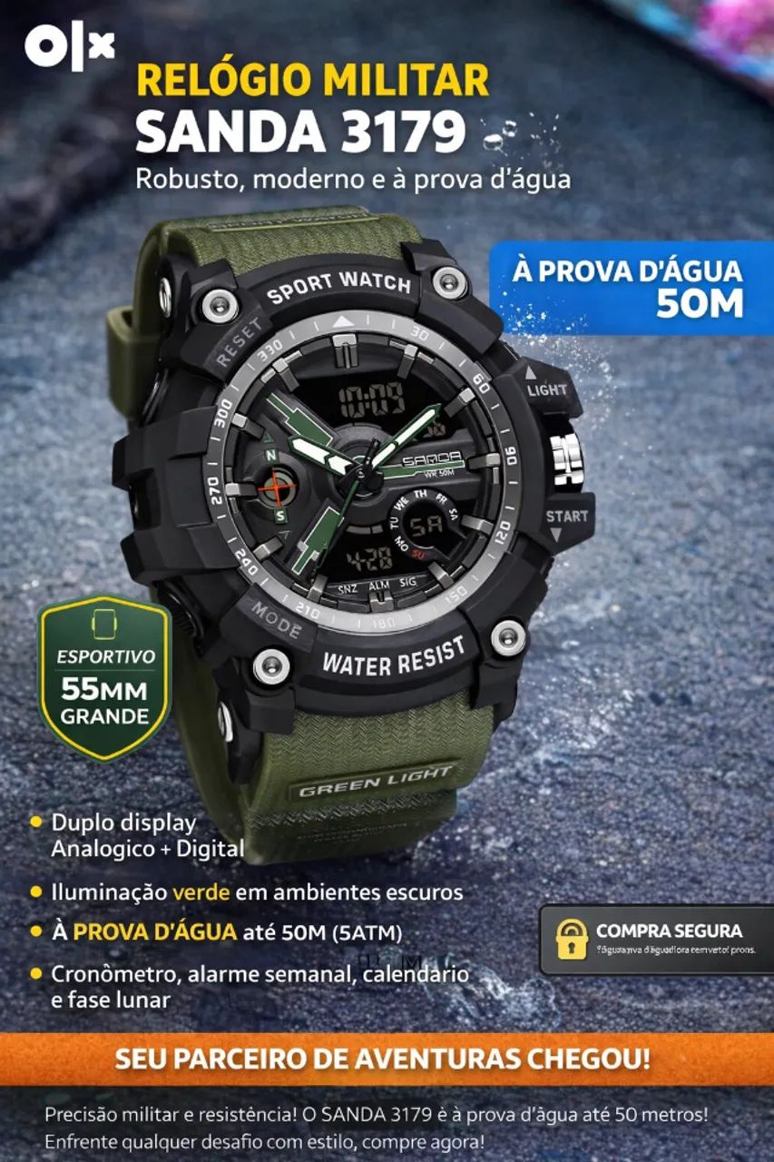 Relógio Militar  SANDA Verde - Digital + Analógico, À Prova d?Água 50M