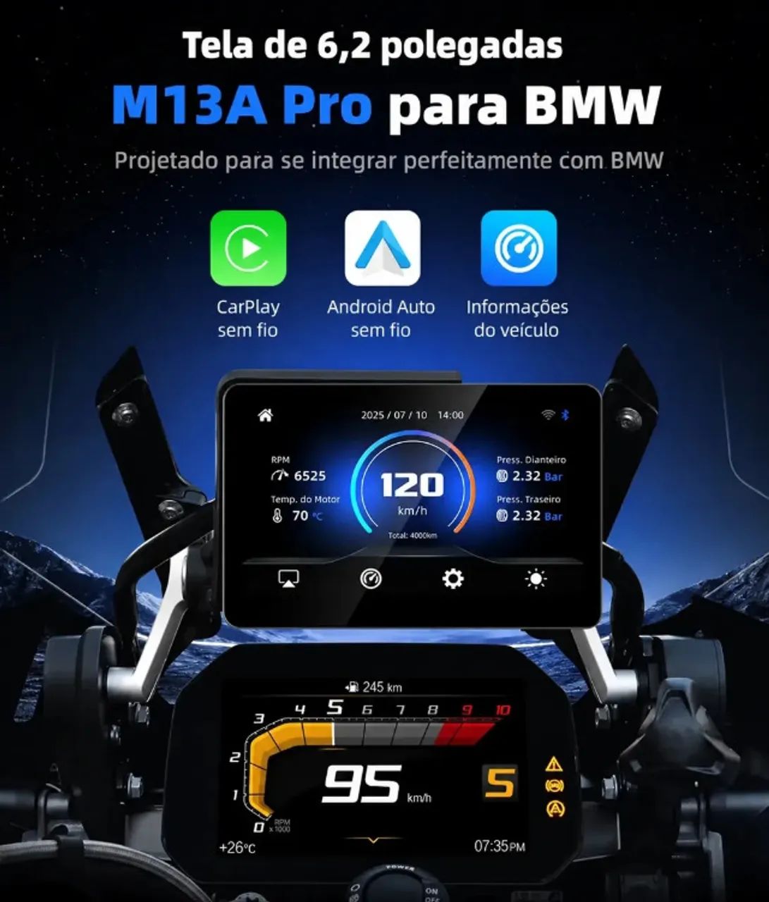 Carplay Moto BMW 6.2 polegadas - Conexão pelo Joystick - Multimídia