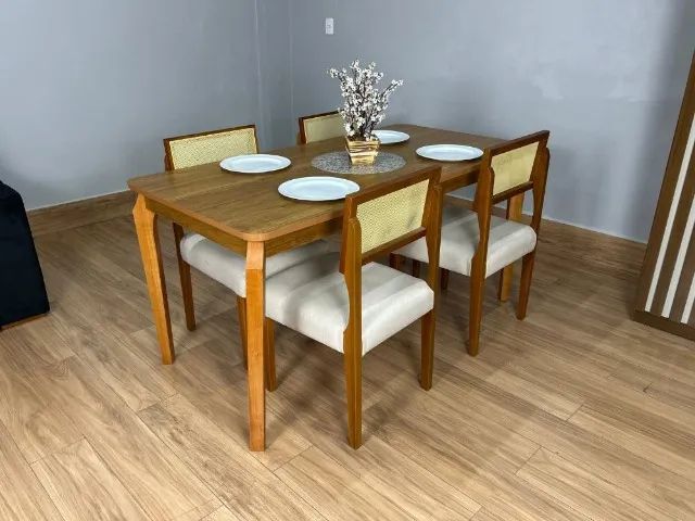 MESA DE JANTAR ALEGRA 120X80 + 4 CADEIRAS GRÉCIA LINHO BEGE - LORD