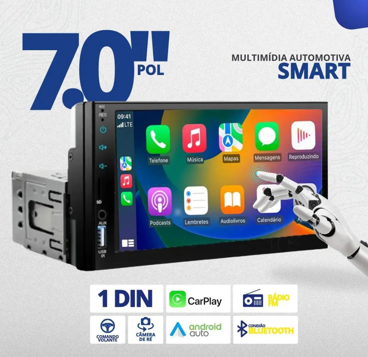 Aparelho central multimidia dvd  7 polegadas carplay android auto som carro