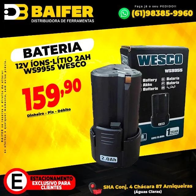 Bateria de Litio 12v 2.0Ah  Para Parafusadeira Ws9955 Wesco