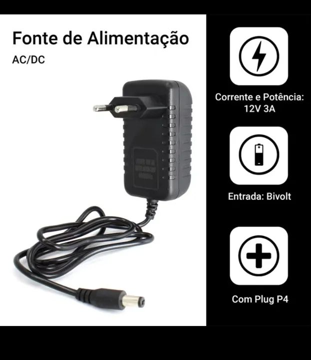 Fonte de Alimentação 12V 3A Bivolt para Aparelhos eletrônicoss 