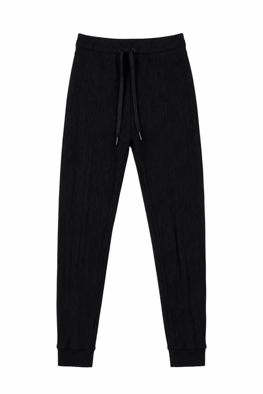 Calça Jogger Preta Canelada com Amarração 