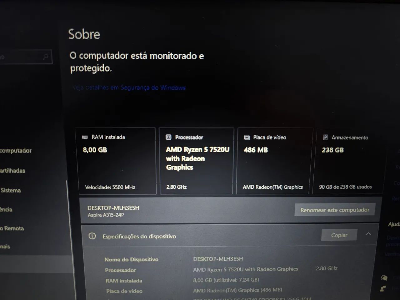 Notebook Acer Ryzen 5 - 7ª geração, 8gb DDR5 5500MhZ, SSD Nvme 256gb - Foto 2