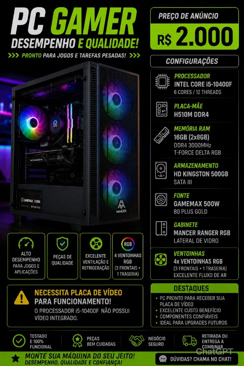 PC Gamer Ryzen 5 3400G | RX 6700 XT 12GB | 32GB RAM | SSD NVMe