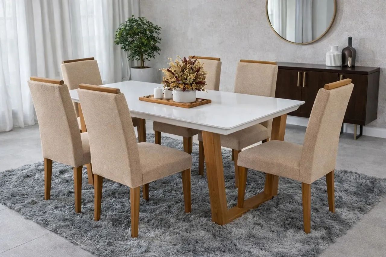 Mesa Madeira Tauari + 6 Cadeiras Eucalipitos Linho