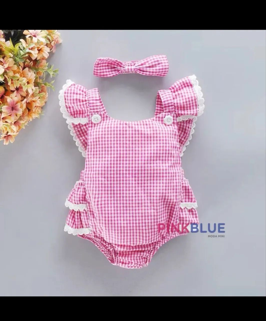Romper xadrez pink com babadinhos e rendinha - Foto 3
