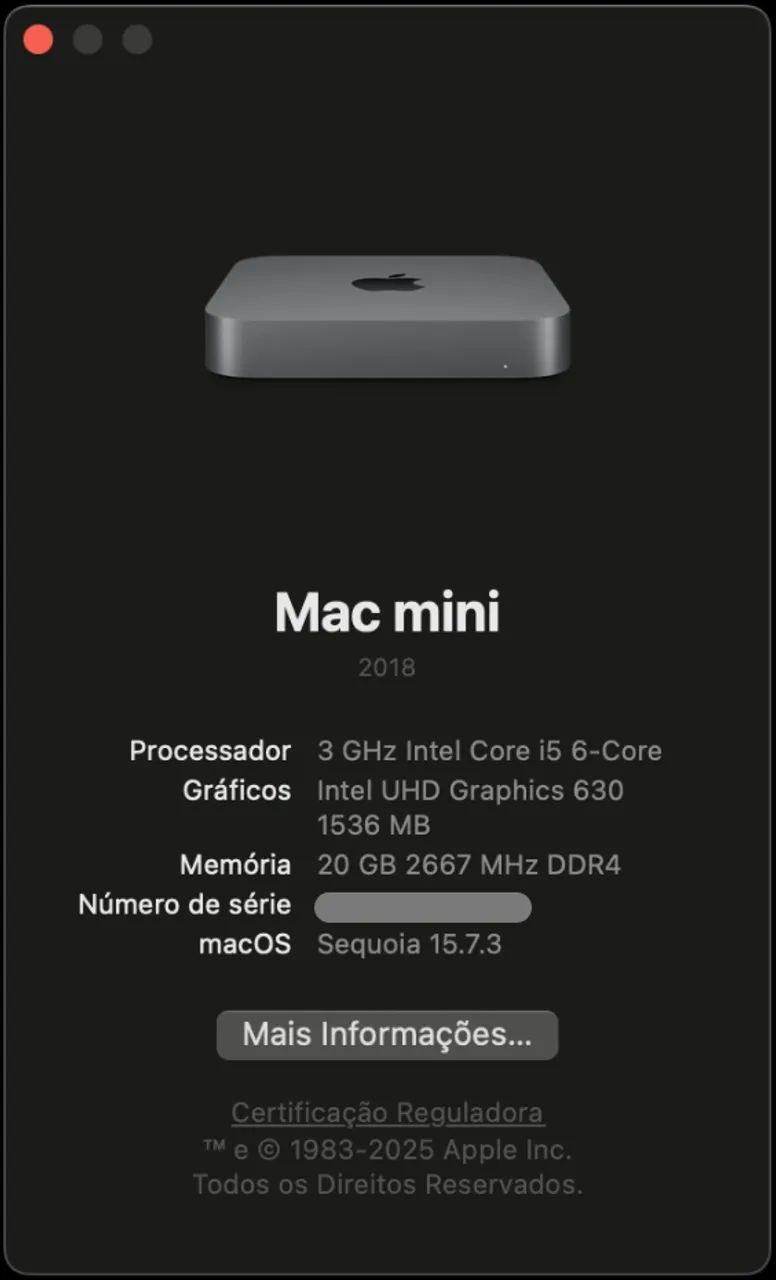 Mac Mini Intel 2018 - 3 GHz Intel Core i5 6-Core, 20 GB RAM DDR4