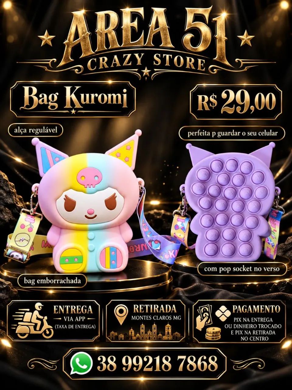 Bolsa silicone Kuromi regulável com pop socket  - Foto 2