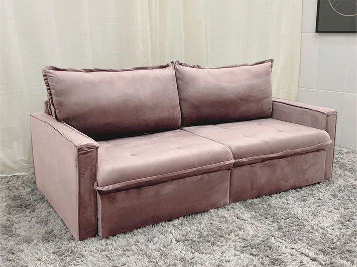 Sofá Cama 2,0 Veludão Rosê com Molas Design Moderno a43