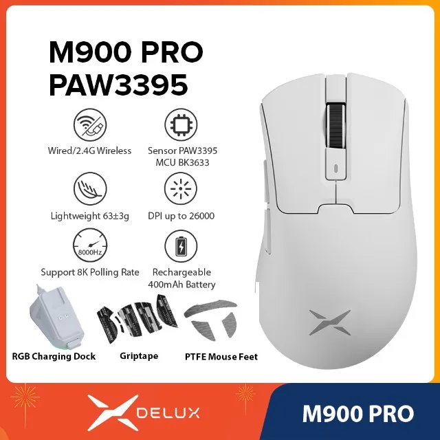 Mouse Delux M900 Pro Gamer com Dock de Carregamento 26000 DPI