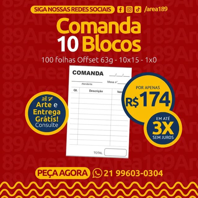 Bloco Comanda Rifa ? 10 Blocos Comanda 100 folhas 10x14cm + arte e entrega grátis por R ...