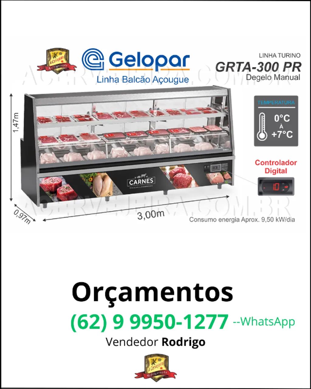  Balcão Expositor Frigorífico Avícola BANDEJA S/Dep GRTA-300PR 3m 220V Gelopar