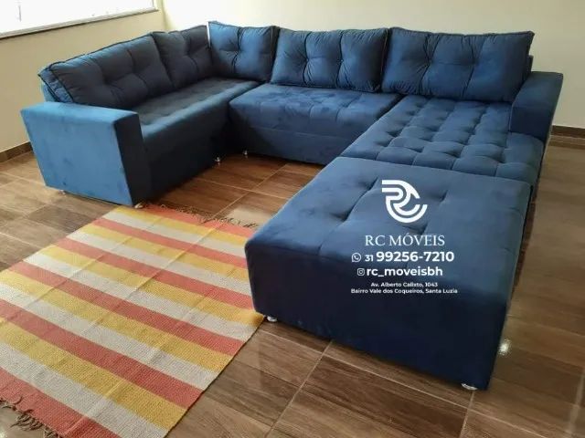 Sofá de canto Grande 3,10m com Chaise e Puff tecido veludo D33 Premium - Foto 5