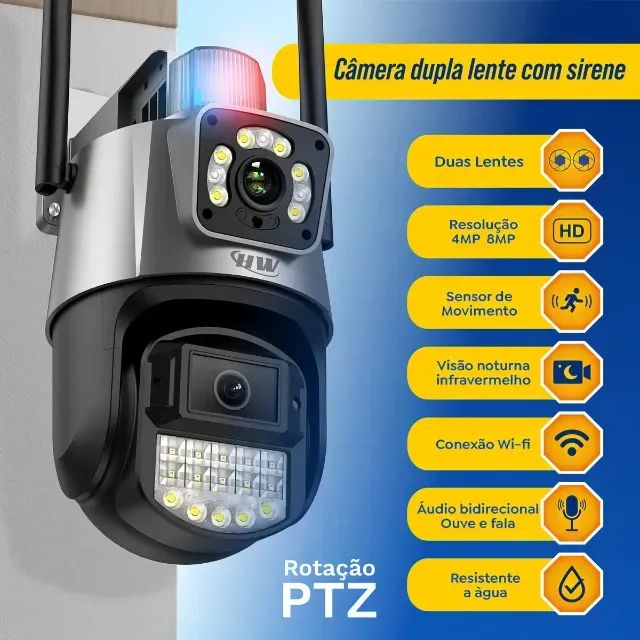 Câmera Segurança Wi-fi Ip Dual com Sirene Visão Noturna Colorida 355° App Icsee