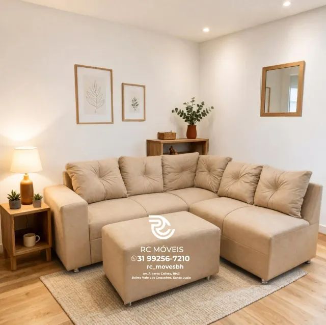 Sofá Canto e Puff Suede Marrom Claro D33 Premium