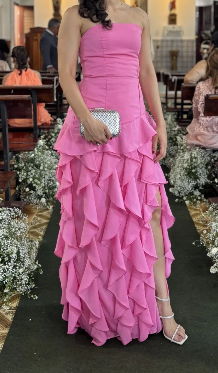 vestido longo tomara que caia rosa com babados 36 - Foto 5